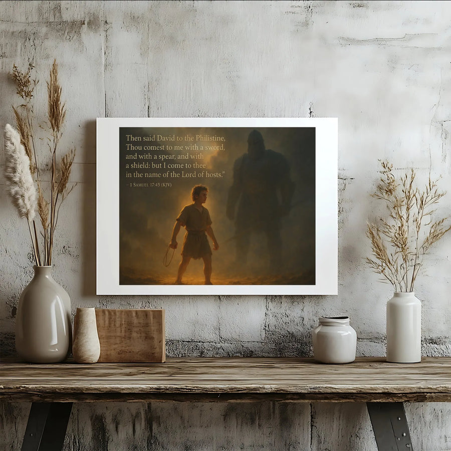 David and Goliath Canvas Print | 1 Samuel 17:45 Bible Verse Wall Art | Premium Gallery Wrapped Decor | Christian Home Gift for Men and Women