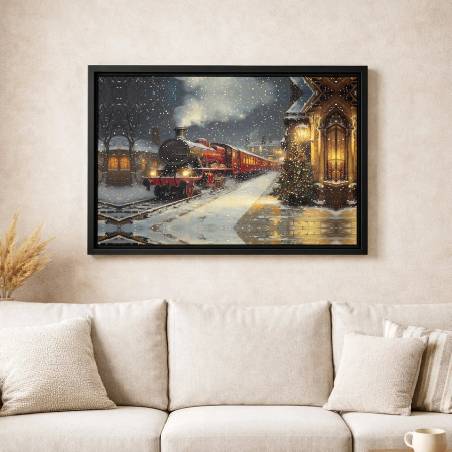 Christmas Steam Train Canvas Art | Snowy Railway Station Decor | Premium Gallery Wrap Print | Festive Holiday Wall Art Gift