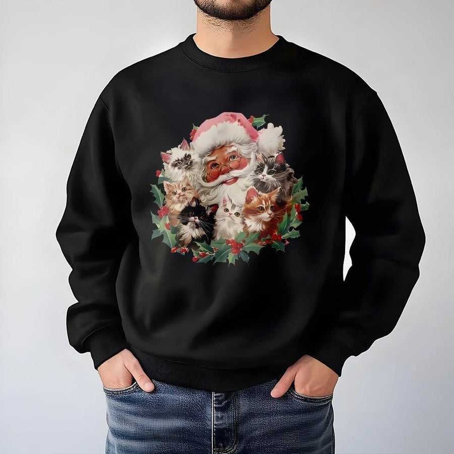 Santa Claus With Cats Christmas Sweatshirt | Cute Kitten Holiday Graphic | Premium Cotton Blend Crewneck | Festive Cat Lover Gift For Women & Men