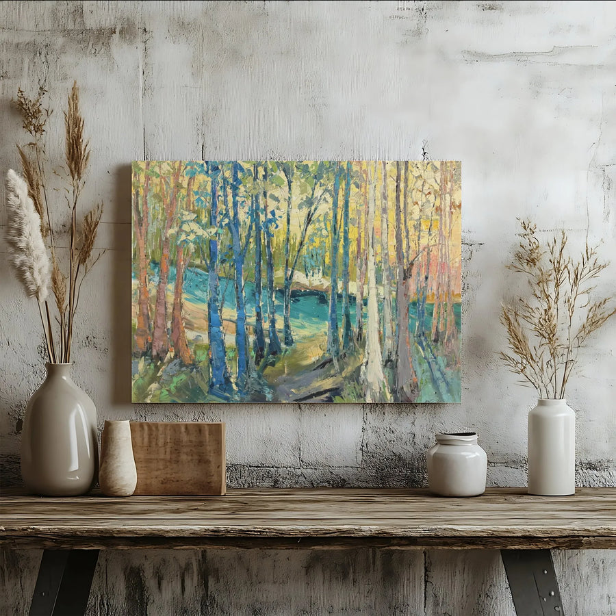 Creek Side Birch Forest Horizontal Canvas | Impressionist Palette Knife Style Teal & Gold Landscape Art | Premium 1.25” Thick Gallery Wrap | Serene Nature Decor Gift for Living Room