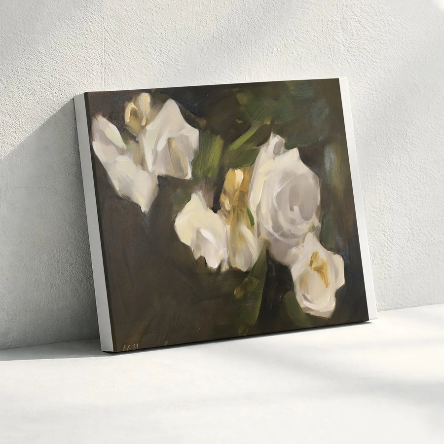White Rose Painting Canvas Print | Moody Dark Floral Art | Premium 1.25" Gallery Wrapped Canvas | Modern Farmhouse Living Room Decor Gift