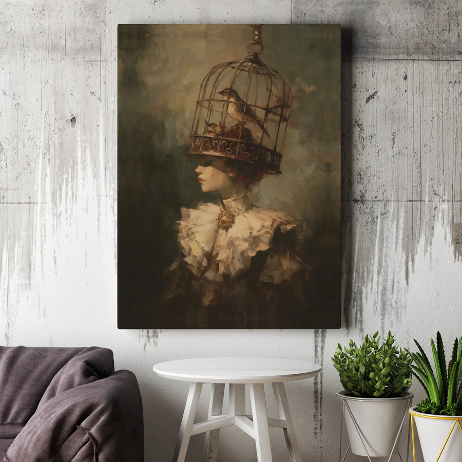 Surrealist Birdcage Woman Canvas Wall Art | Moody Victorian Portrait Print | Premium Gallery-Wrapped Decor | Unique Gift For Art Lovers