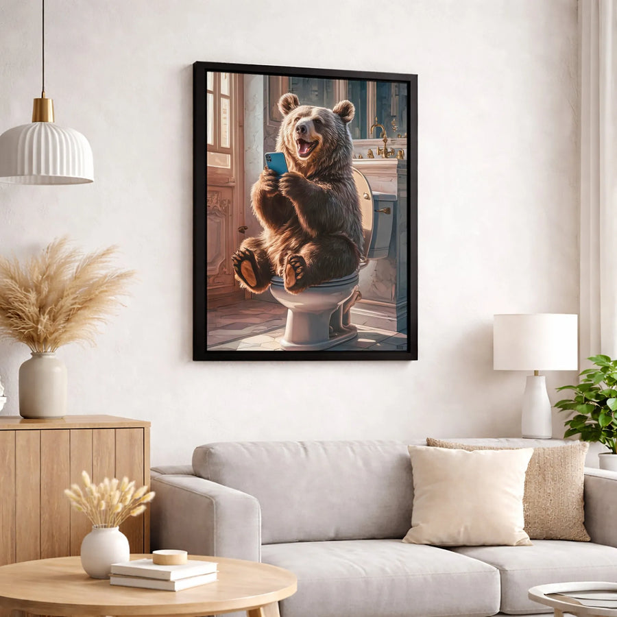 Funny Bear On Toilet Canvas Print | Quirky Bathroom Wall Art | Premium Gallery-Wrapped Decor | Unique Gift For Bathroom Decor Enthusiasts