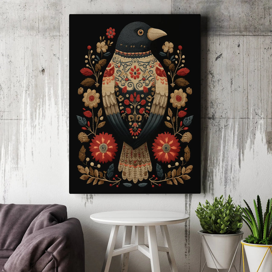 Folk Art Bird Canvas Print | Floral Botanical Wall Art | 1.25-Inch Premium Gallery Wrap | Nature-Inspired Home Decor Gift