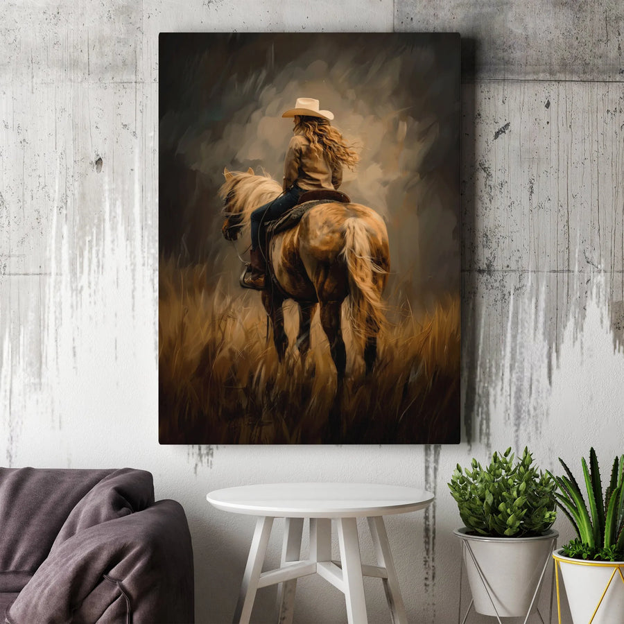 Cowgirl on Horse Canvas Print | Rustic Painterly Western Art | Premium Fade-Resistant Gallery Wrap | Collector Gift for Farmhouse Decor