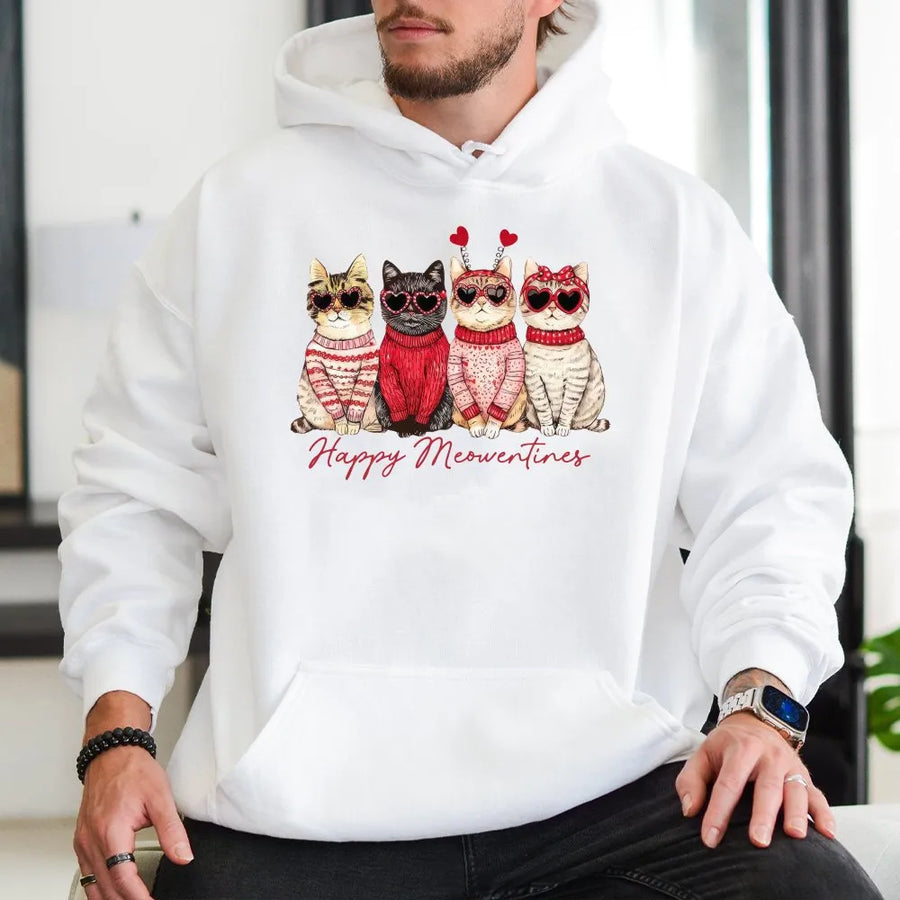 Valentine Cat Hoodie | Cute Heart Sunglasses Meowentine Design | Premium Cotton-Blend Pullover | Romantic Gift for Cat Lovers & Valentines Day