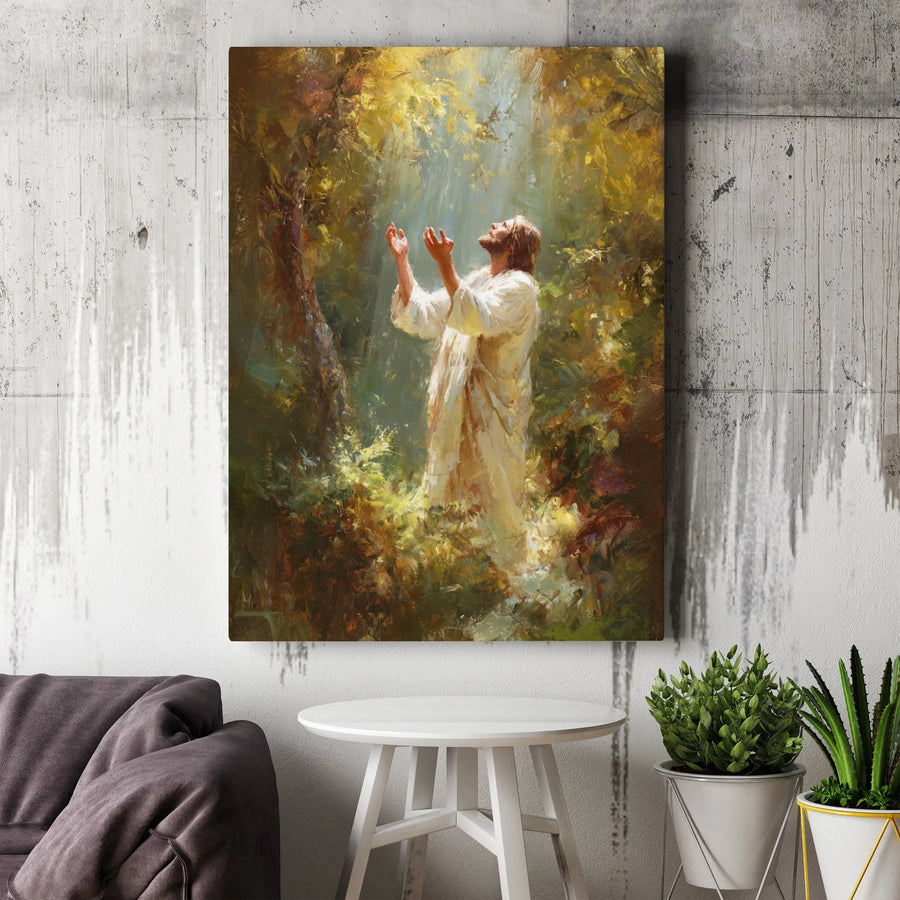 Jesus Praying in Forest Canvas | Christian Religious Wall Art | Premium Gallery-Wrapped Print | Spiritual Home Decor Gift