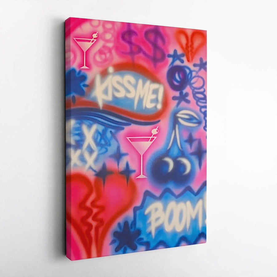 Graffiti Street Art Canvas | Kiss Me Boom Pop Art Print | Premium 1.25 Inch Gallery Wrap | Edgy Bedroom Decor Gift
