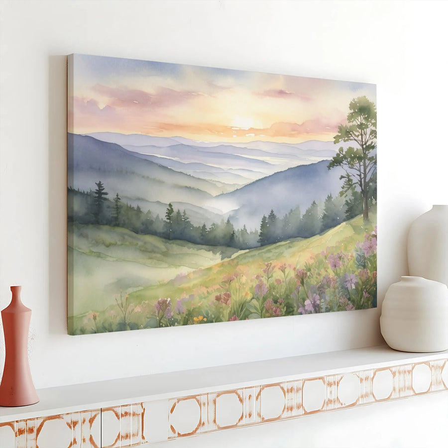 Watercolor Wildflower Mountain Horizontal Canvas Art | Soft Pastel Sunset Meadow Scene | Premium 1.25" Gallery Wrap | Cozy Living Room Wall Decor