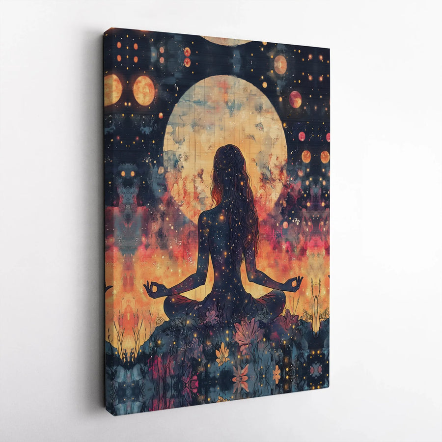 Meditating Woman Canvas Wall Art | Cosmic Moon Spiritual Zen Design | Gallery-Wrapped Premium Print | Meditation Room Decor Gift