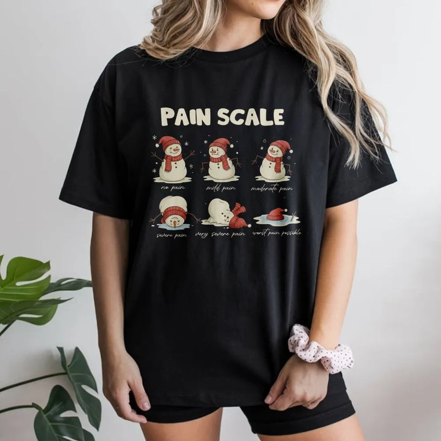 Snowman Pain Scale T-Shirt | Funny Christmas Nurse Gift | Soft Premium Cotton Tee | Holiday Medical Humor Graphic Shirt for Women and Men