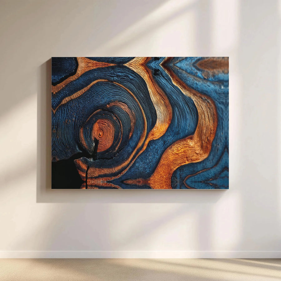 Abstract Wood Grain Canvas Wall Art | Textured Blue and Copper Mineral Design | Premium 1.25" Thick Profile | Modern Living Room & Office Decor Gift