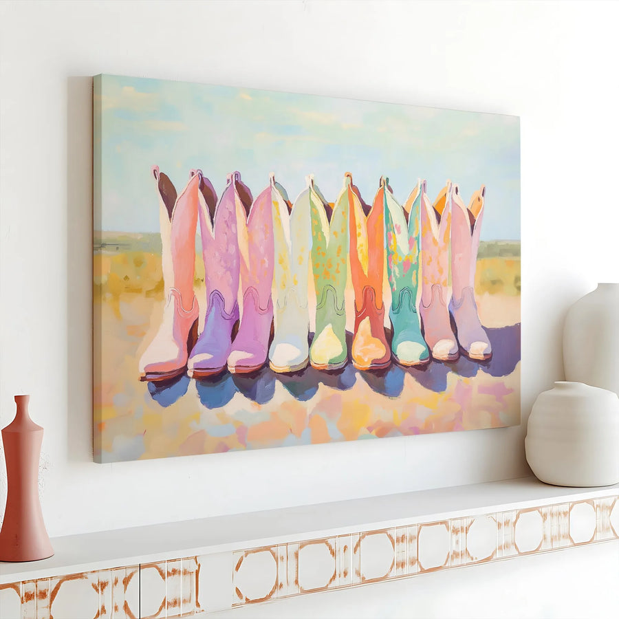 Rainbow Cowboy Boots Canvas Wall Art | Colorful Western Country Decor | Gallery Wrapped Premium Print | Farmhouse Home Office Gift