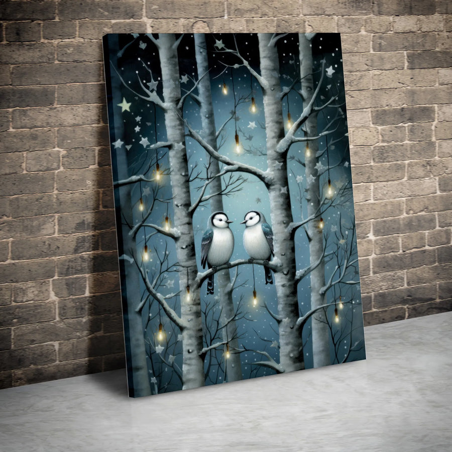 Winter Bird Canvas Wall Art | Romantic Snow-Covered Birch Trees with Fairy Lights | Premium Gallery Wrap | Cozy Holiday Home Decor Gift