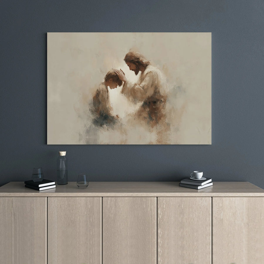 Jesus Blessing Child Canvas Wall Art | Soft Watercolor Religious Painting | Premium Gallery Wrapped Decor | Christian Home Gift For Nursery