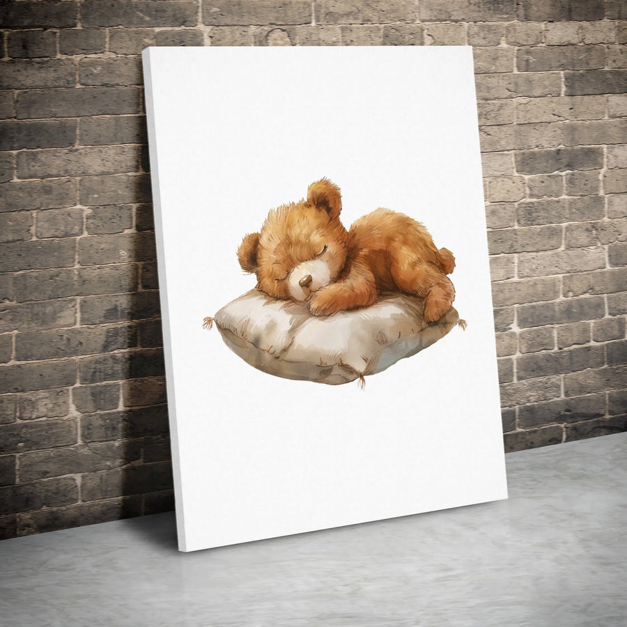 Sleeping Teddy Bear Canvas Wall Art | Cute Watercolor Animal Print | Premium Gallery Wrapped Canvas | Nursery Decor Gift for Baby Boy or Girl