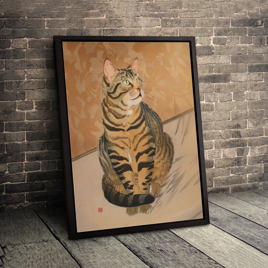 Japanese Tabby Cat Canvas Wall Art | Ukiyo-e Style Feline Portrait | Premium Gallery-Wrapped Print | Minimalist Living Room Home Decor Gift