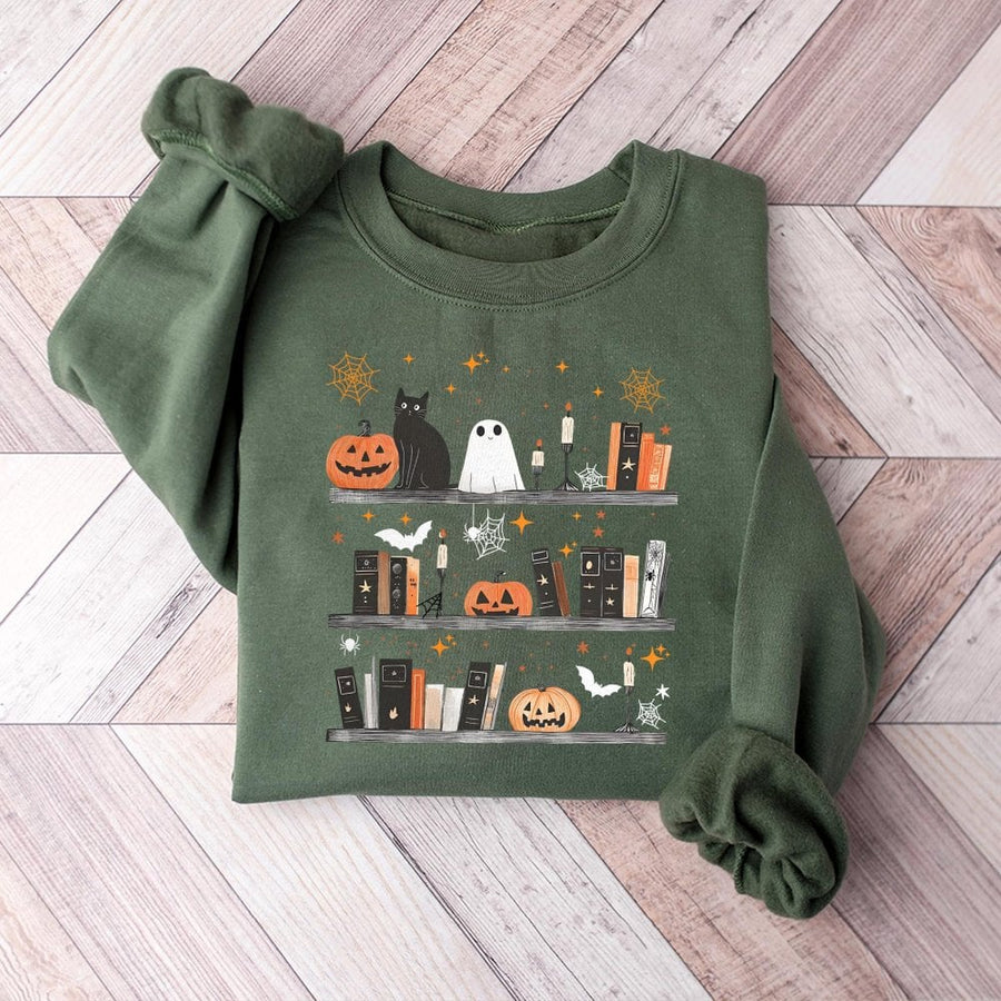Halloween Bookshelf Sweatshirt | Ghost Cat Reading Design | Premium Cotton Blend | Cozy Gift for Book Lovers and Readers