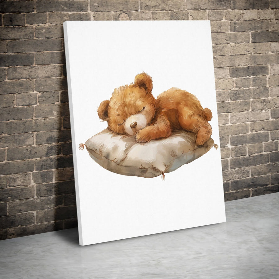 Sleeping Teddy Bear Canvas Art | Watercolor Nursery Wall Decor | Premium 1.25-Inch Thick Gallery Wrap | Cute Baby Room Gift