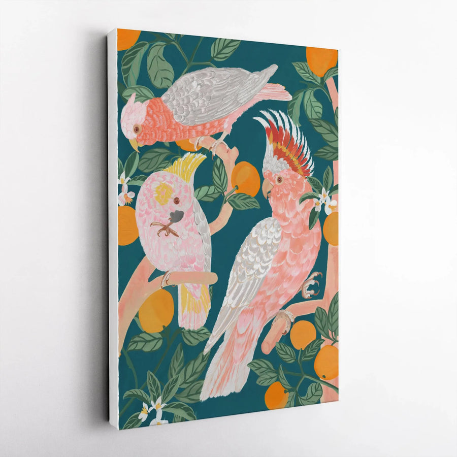 Tropical Parrot Vertical Canvas | Vintage Pink Cockatoo and Orange Tree Illustration | Premium Gallery Wrapped Print | Gift for Bird Lover