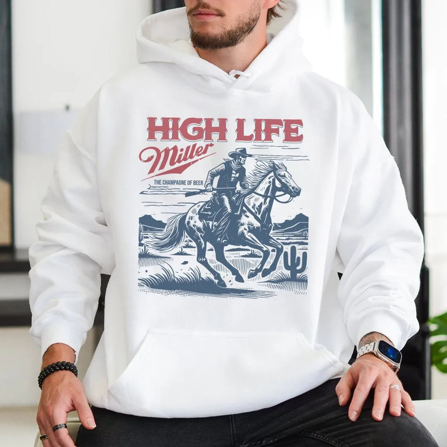 Miller High Life Hoodie - Featuring Front Red Miller Logo, And Back Graphic Of Cowboy On Horse In Desert Scene With The Champagne