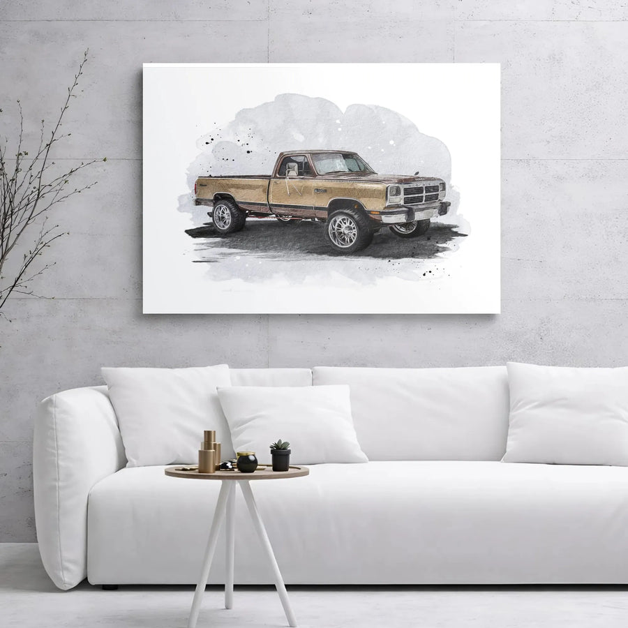 First Gen Pickup Truck Canvas Wall Art | Lifted Classic Truck Watercolor Sketch | Premium Gallery-Wrapped Print | Man Cave & Garage Decor Gift