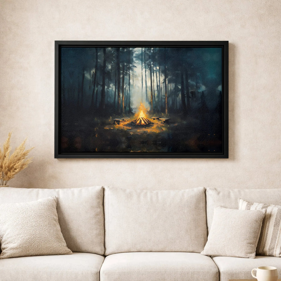 Campfire Forest Canvas Wall Art | Moody Misty Woodland Landscape | Premium Gallery Wrapped Print | Nature Lover Cabin Decor Gift