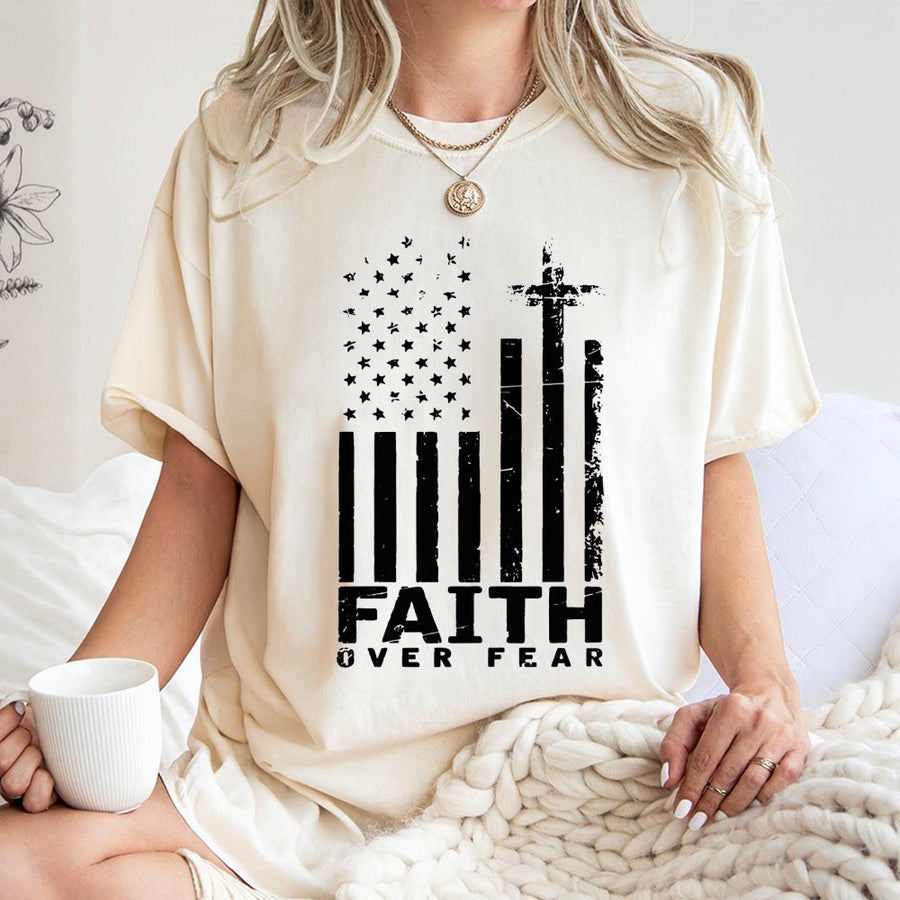 Faith Over Fear T-Shirt | Patriotic American Flag Cross Graphic | Premium 100% Cotton | Christian Gift For Men And Women