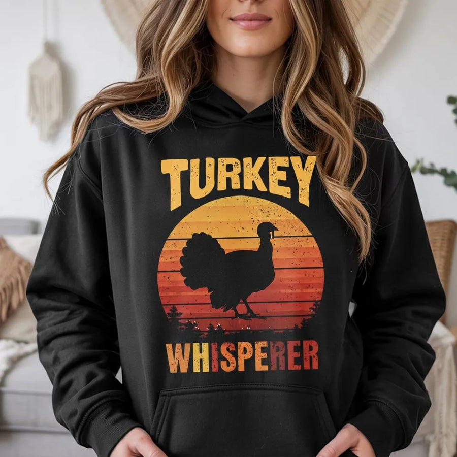 Turkey Whisperer Hoodie | Retro Sunset Turkey Hunter Design | Premium Cotton Blend | Funny Hunting Season Gift for Dad, Outdoor Apparel