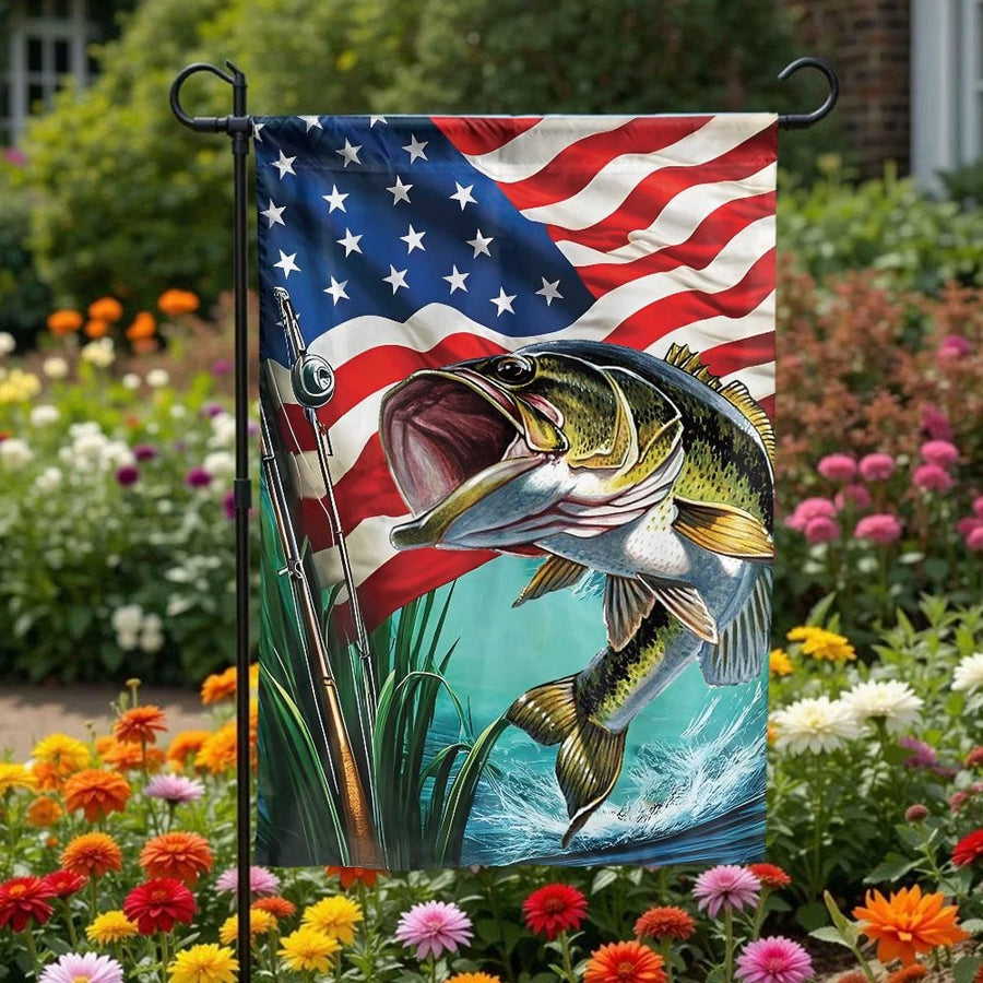 Bass Fishing Garden Flag | American Flag Outdoor Decor | Durable Polyester Two-Layer Fabric | Patriotic Gift for Fisherman Dad