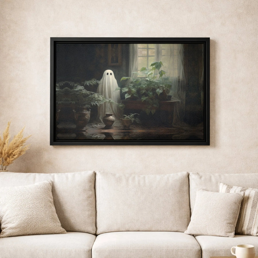 Ghost Among Houseplants Canvas Print | Vintage Moody Botanical Art | Gallery Quality Premium Wall Decor | Spooky Aesthetic Gift for Plant Lovers