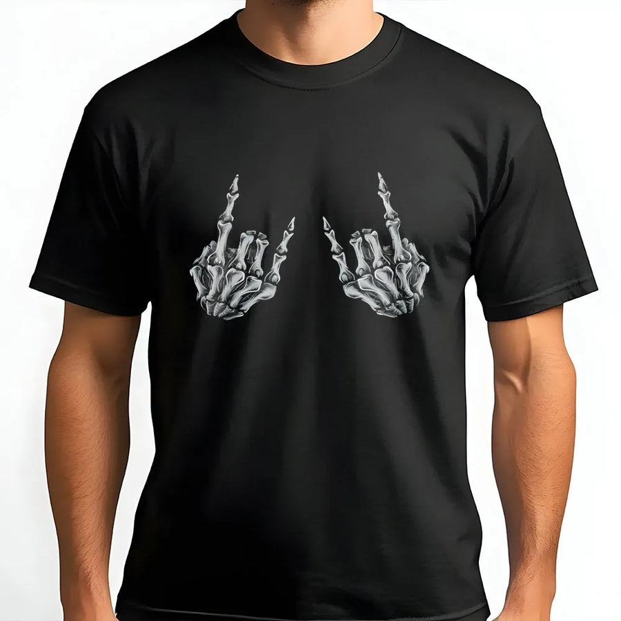 Skeleton Hand Rock On T-Shirt | Heavy Metal Music Graphic Tee | Premium 100% Cotton Apparel | Unisex Gothic Skeleton Gift for Rocker Fans