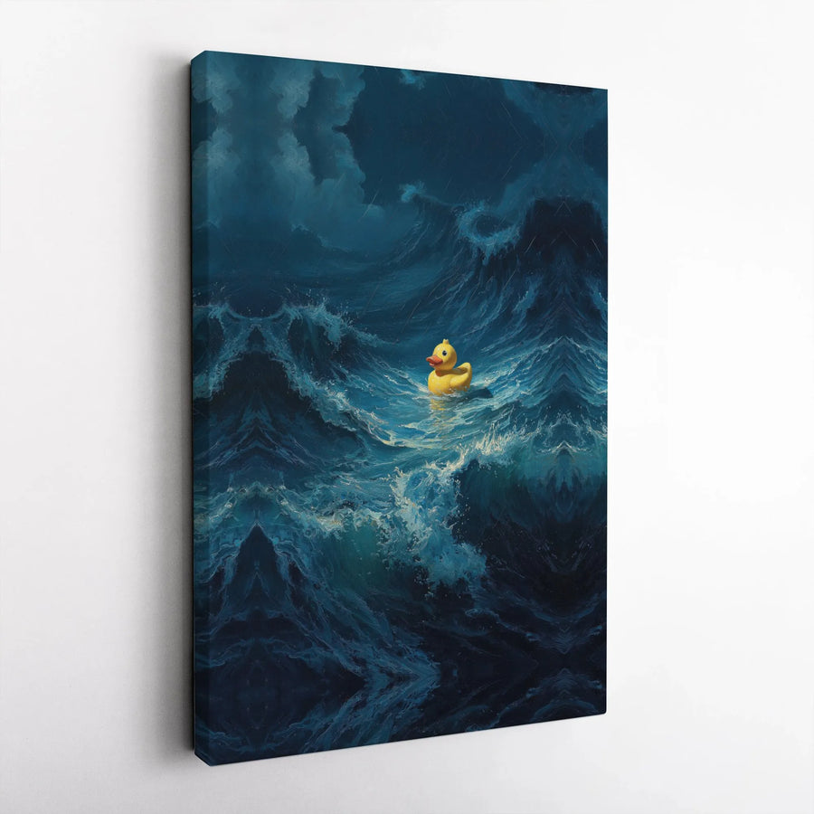 Funny Rubber Duck Canvas Wall Art | Surreal Stormy Ocean Painting | Premium Gallery Wrapped Print | Unique Motivational Decor Gift for Home or Office