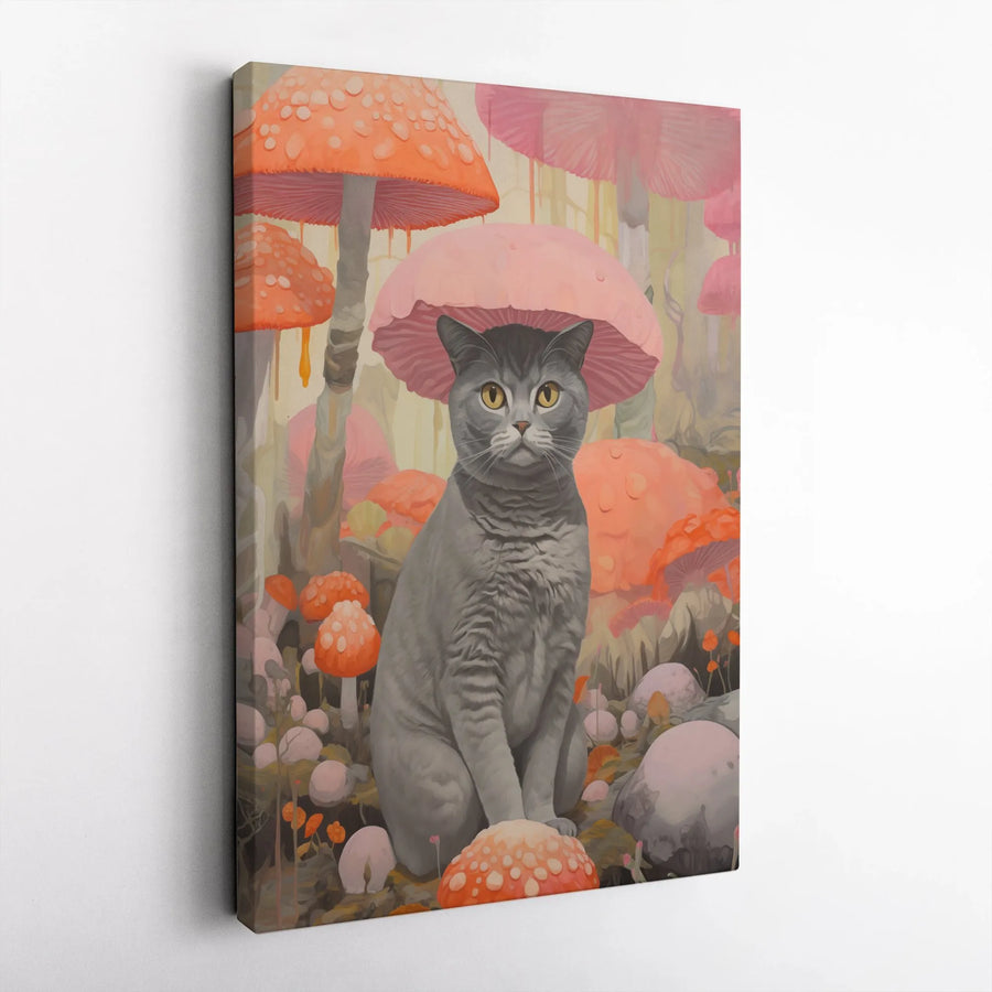 Cat Mushroom Forest Canvas Wall Art | Whimsical Grey Kitty Portrait | Premium Fade-Resistant Gallery Wrap | Aesthetic Home Decor Gift for Cat Lovers