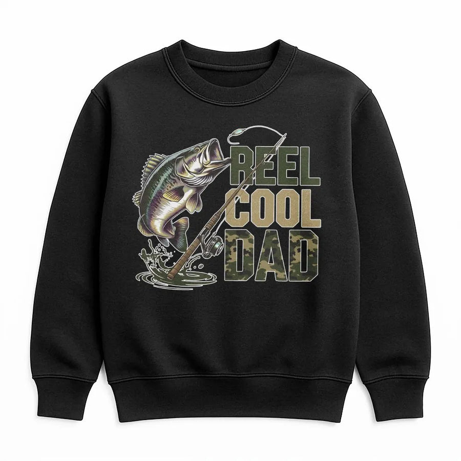 Reel Cool Dad Fishing Sweatshirt | Bass Fishing Graphic with Camo Text | Premium Cotton Blend | Father's Day Gift for Fisherman