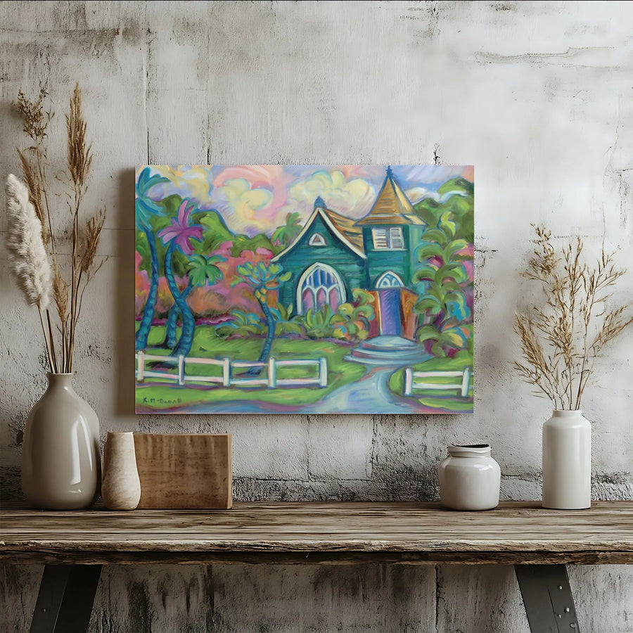 Hanalei Church Canvas Wall Art | Colorful Hawaiian Landscape Painting | Premium Gallery Wrap Print | Tropical Home Decor Gift