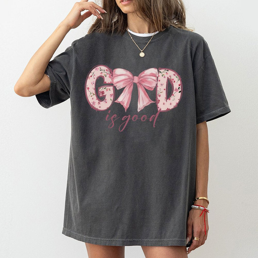 God Is Good T-Shirt | Floral Bow Christian Graphic Tee | Premium 100% Cotton Shirt | Faith Inspired Gift for Women & Teens