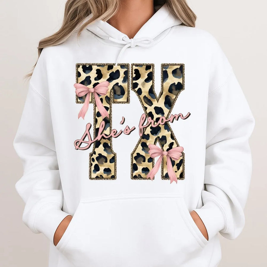 Texas Hoodie for Women | Coquette Leopard Print with Pink Bow | Premium Soft Cotton Blend | She's From Texas Southern Girl Gift