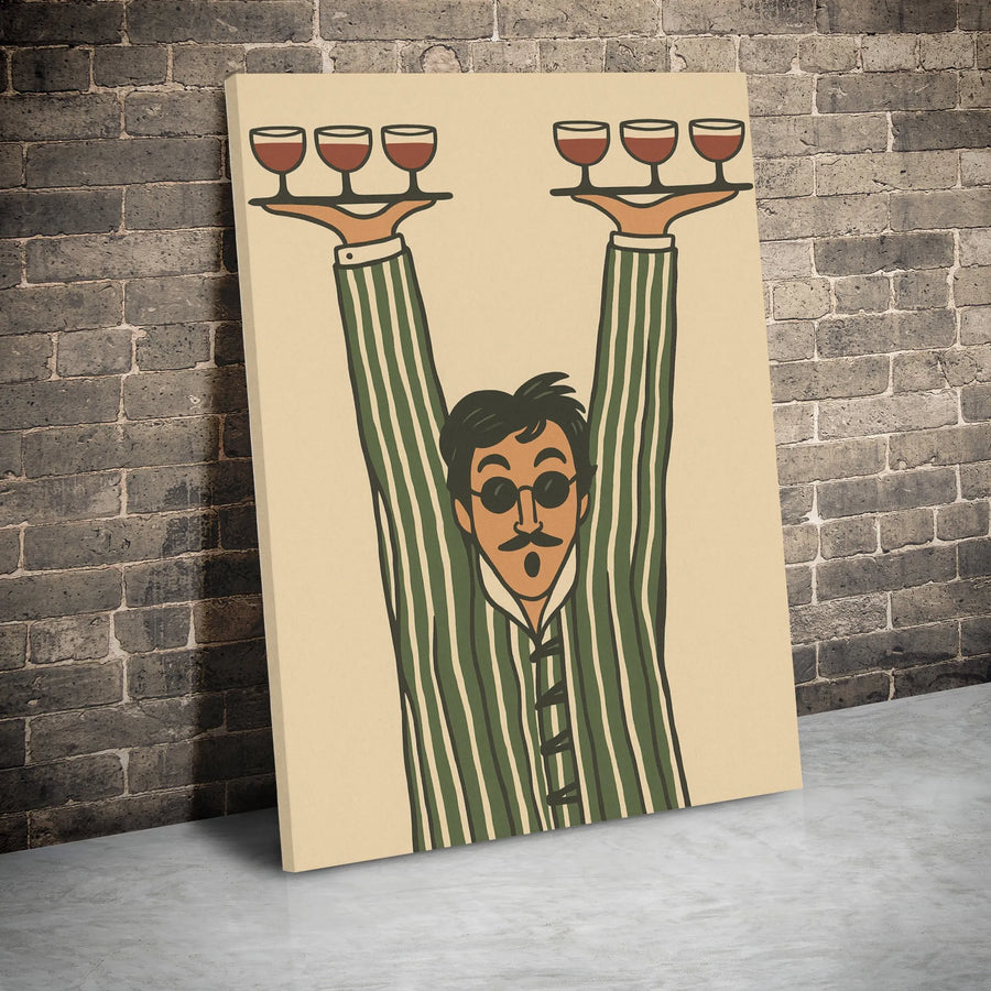 Wine Lover Canvas Wall Art | Whimsical Man Serving Wine Illustration | Premium Gallery Wrap Decor | Unique Gift For Home Kitchen Or Bar