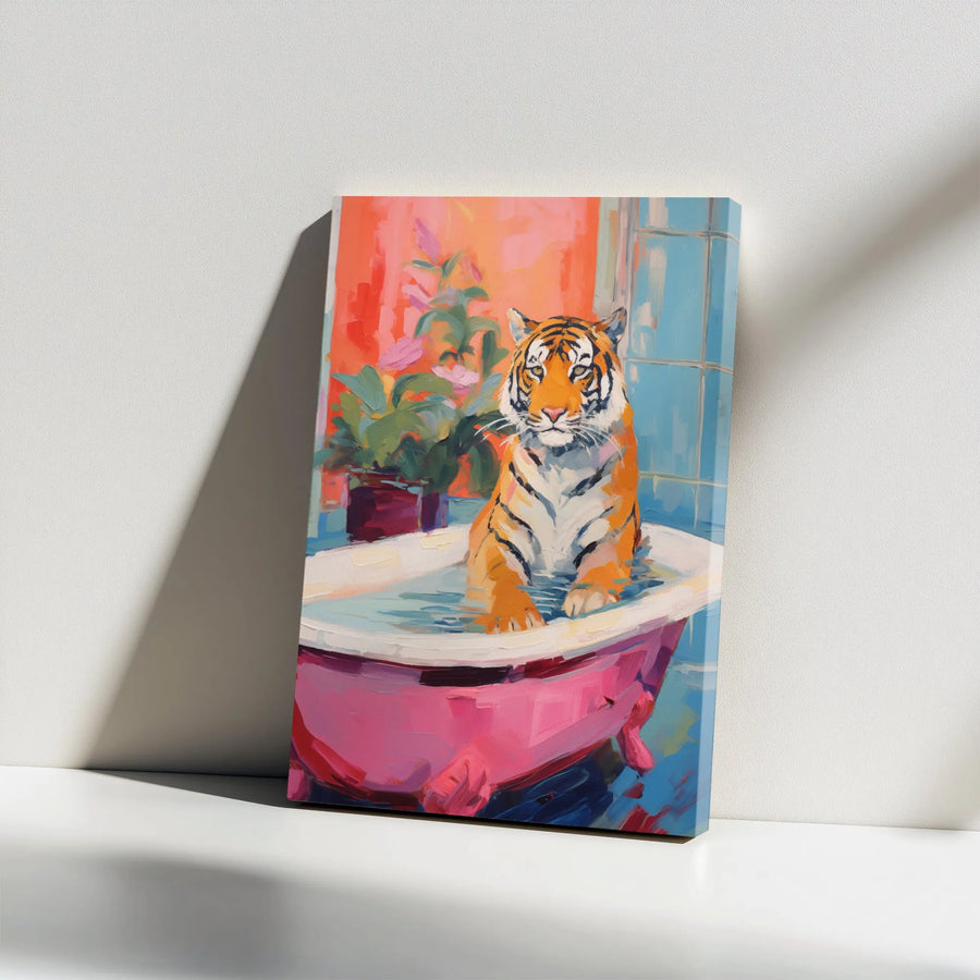 Tiger in Bathtub Canvas Wall Art | Impressionist Animal Oil Painting Style | Premium Gallery Wrap Decor | Quirky Maximalist Home Gift