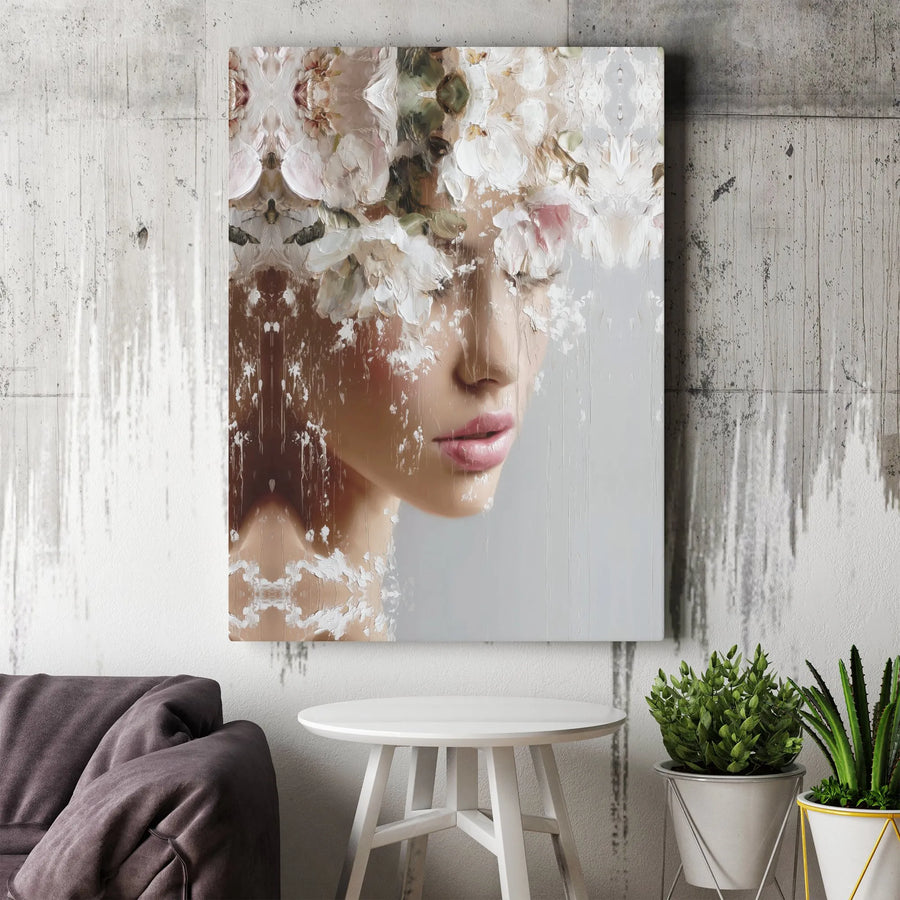 Abstract Floral Woman Canvas Art | Textured Flower Crown Portrait | Premium Gallery Wrap Canvas | Modern Living Room Wall Decor