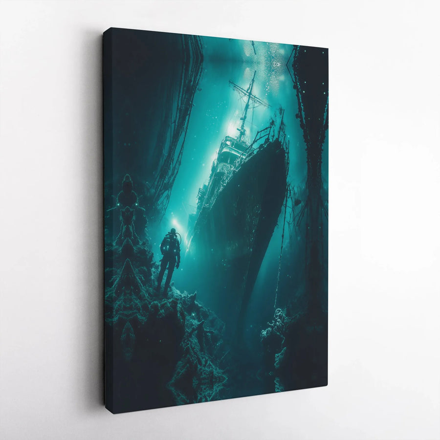 Deep Sea Shipwreck Canvas Print | Mysterious Underwater Exploration Art | Premium Gallery Wrapped Canvas | Nautical Home Decor Gift for Divers