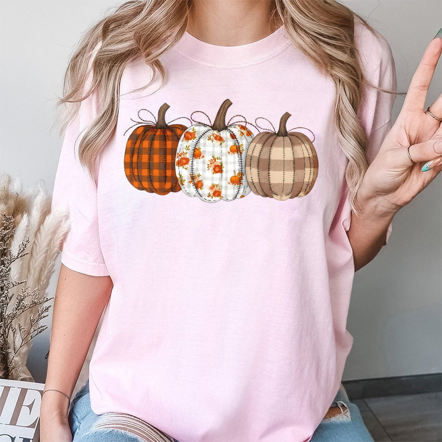 Fall Pumpkin Trio T-Shirt | Plaid & Floral Autumn Graphic Tee | Premium 100% Cotton | Thanksgiving Gift for Women & Girls