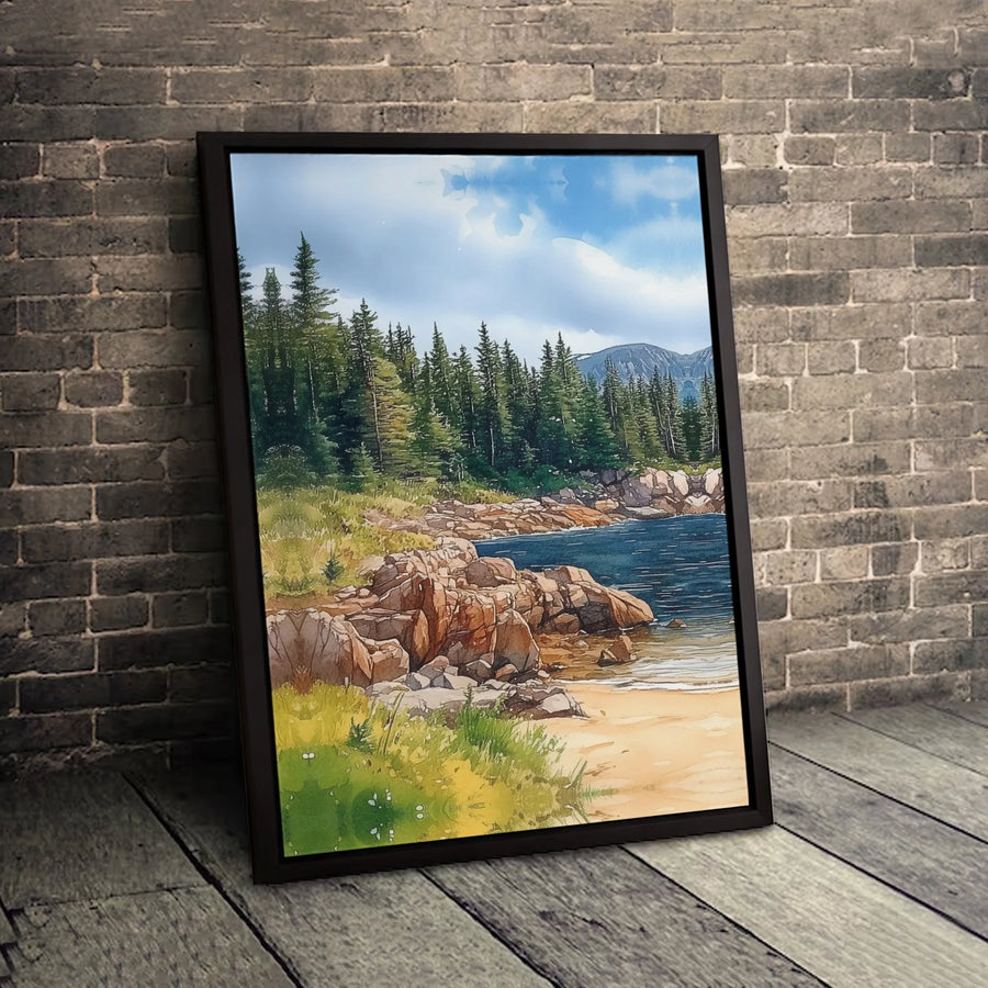 Watercolor Lake Landscape Canvas Print | Rocky Shore & Pine Tree Forest Wall Art | Premium Gallery-Wrapped Decor | Nature Lover Gift