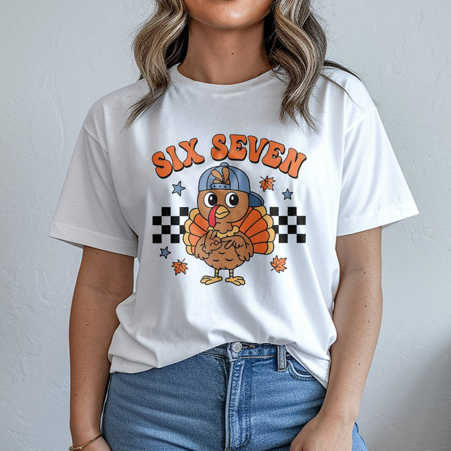 Six Seven Birthday Turkey T-Shirt | Retro Checkerboard Thanksgiving Design | Soft Premium Cotton Tee | Funny Fall Outfit for Kids and Adults