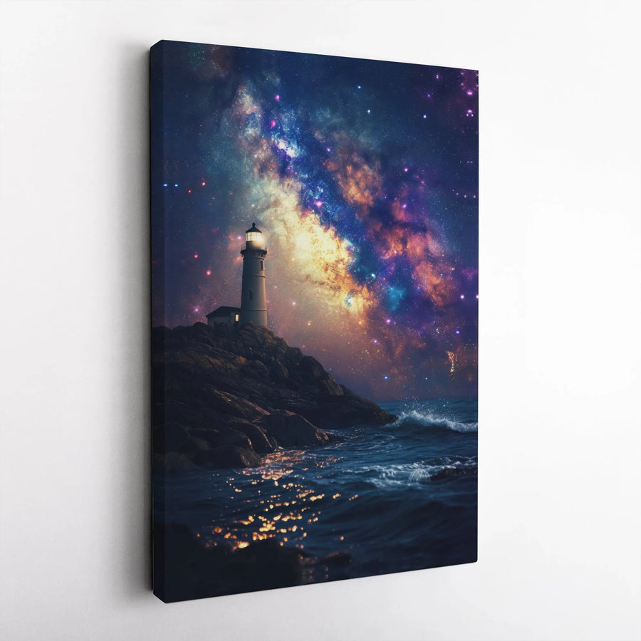 Lighthouse Galaxy Canvas Wall Art | Cosmic Ocean Night Sky Seascape | Premium Fade-Resistant Print | Nautical Bedroom Decor Gift