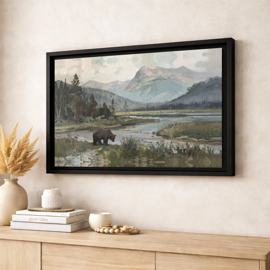 Grizzly Bear Wall Art | Mountain River Forest Landscape Canvas | Premium Gallery Wrapped Print | Rustic Lodge Cabin Decor Gift