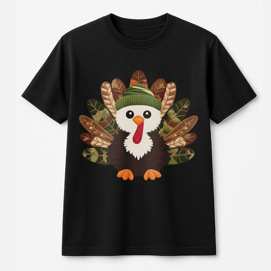 Thanksgiving Turkey T-Shirt | Cute Camo Beanie Graphic Tee | 100% Cotton Premium Apparel | Fun Fall Holiday Gift for Men and Women