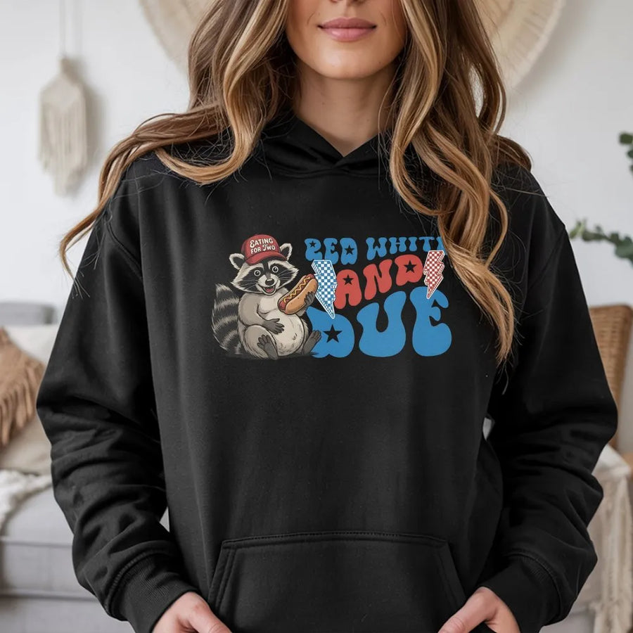 Red White and Due Hoodie | Funny Raccoon 4th of July Graphic | Premium Cotton Blend | Gift for Expecting Mom & Baby Announcement