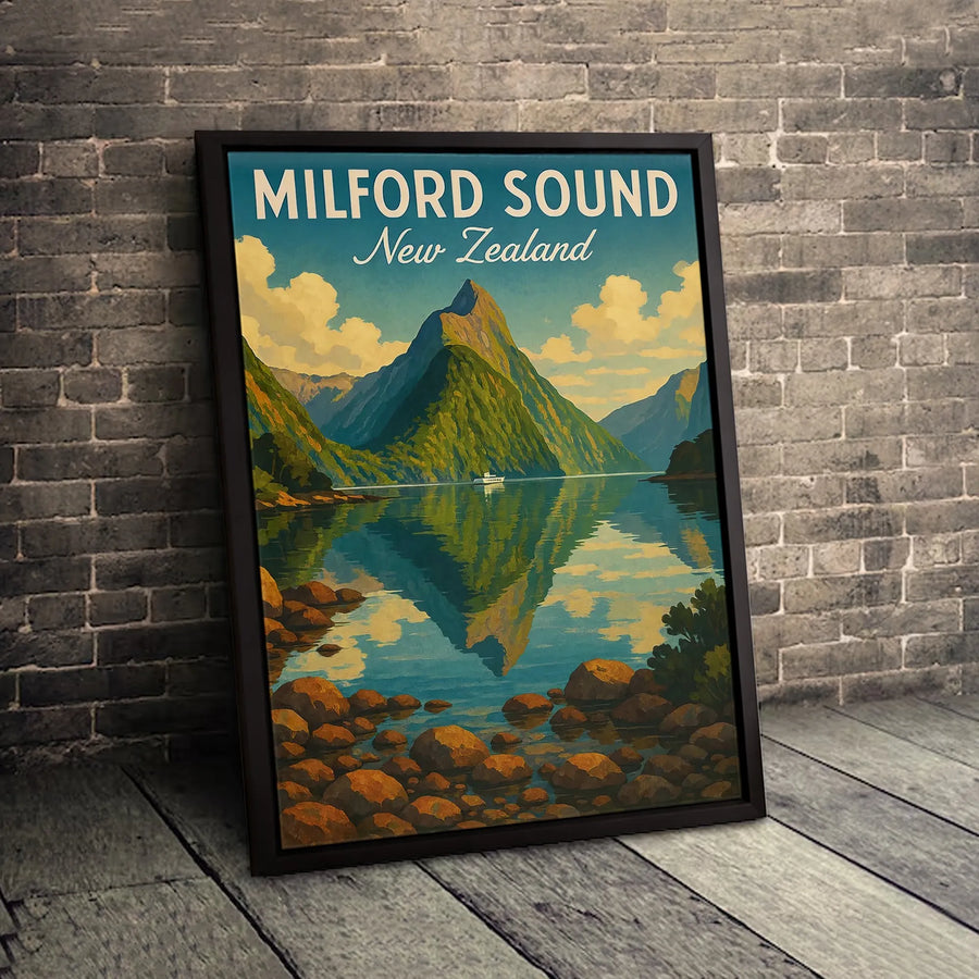 Milford Sound Travel Poster | New Zealand Landscape Wall Art | Premium Gallery Canvas | Gift for Travel Lovers & Nature Decor